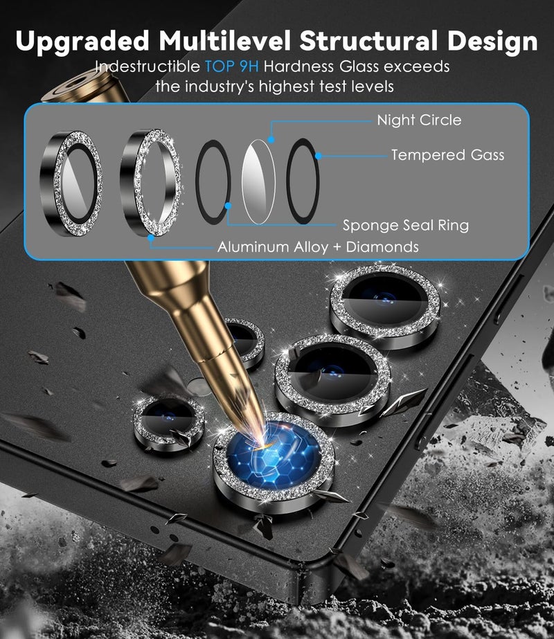 CloudValley for Samsung Galaxy S25 Ultra Camera Lens Protector Bling, 9H Tempered Glass + Aluminum Alloy Lens Protective Ring [Glitter Decoration] Ultra-HD Tempered Glass Cover,Glitter Titanium Black - Image 2